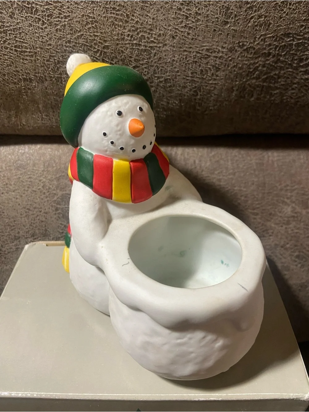 Snowman PartyLite Tea light Holder - White with Green, Red & Yellow Accents VTG